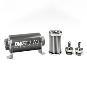 DeatschWerks Stainless Steel 3/8in 100 Micron Universal Inline Fuel Filter Housing Kit (110mm) - 8-03-110-100K-38