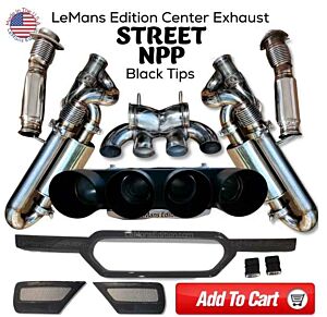 LeMans Edition Center STREET NPP Exhaust FULL PACKAGE System | BLACK Tips | 1 Black-Gel Painted Center Bezel and 2 Side Inserts | Fits All C8 Stingrays with NPP functionality years 2020 to 2023