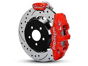 Wilwood AERO4 MC4 Rear Big Brake Kit with Drilled and Slotted Rotors; Red Calipers (15-22 Mustang)