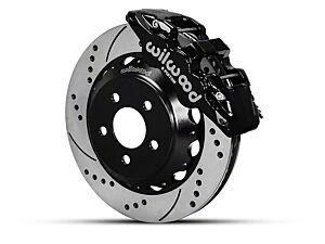 Wilwood AERO4 MC4 Rear Big Brake Kit with Drilled and Slotted Rotors; Black Calipers (15-22 Mustang)