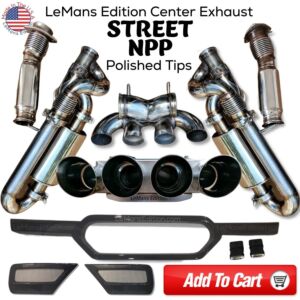 LeMans Edition Center STREET NPP Exhaust FULL PACKAGE System | Black Gel-Coat Painted Center Bezel and 2 Side Inserts | POLISHED Tips| Fits C8 Stingray with NPP functionality | Year 2020-2023  
